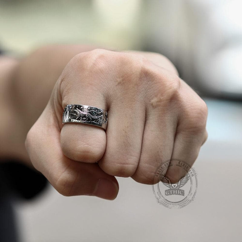 Loyal Wolf Pattern Sterling Silver Embossed Ring