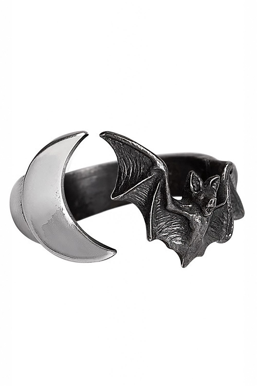 Lunatious Ring With Crescent Moon and Bat Design