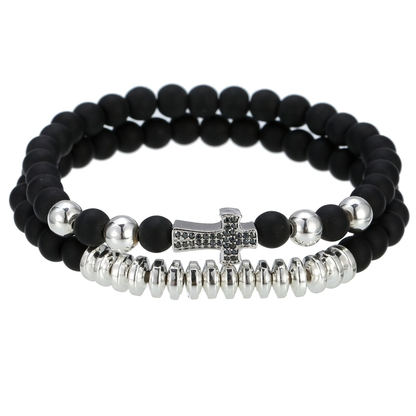 Bracelet Natural Lava Stone Beads With Cross / Alternative Jewelry