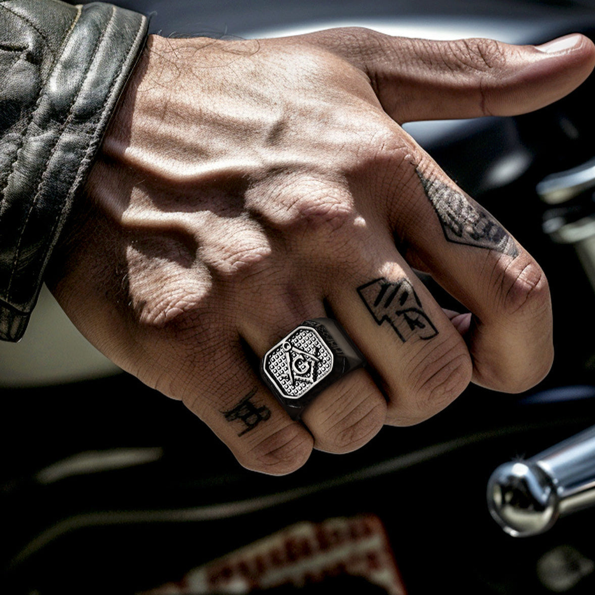 Square Masonic Signet Ring With Runes for