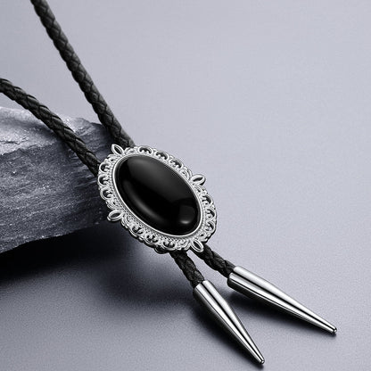 Western Black Onyx Leather Wedding Bolo Tie for