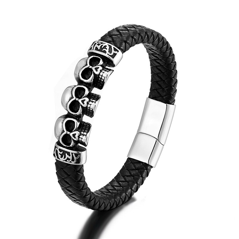 Genuine Leather Bracelet With Skull & Magnetic Buckle / Punk Style Stainless Steel Jewelry