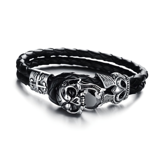 Pu Leather Black Bracelet / Skull Charm Bracelets / Stainless Steel Accessories