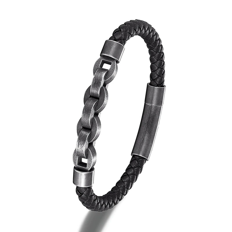 Genuine Leather Bracelet / Male Stainless Steel Jewelry / Rock Style Bracelet for