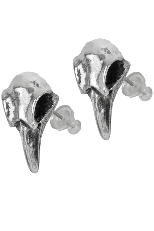 Miniature Pewter Raven Skull Earrings With Surgical Posts
