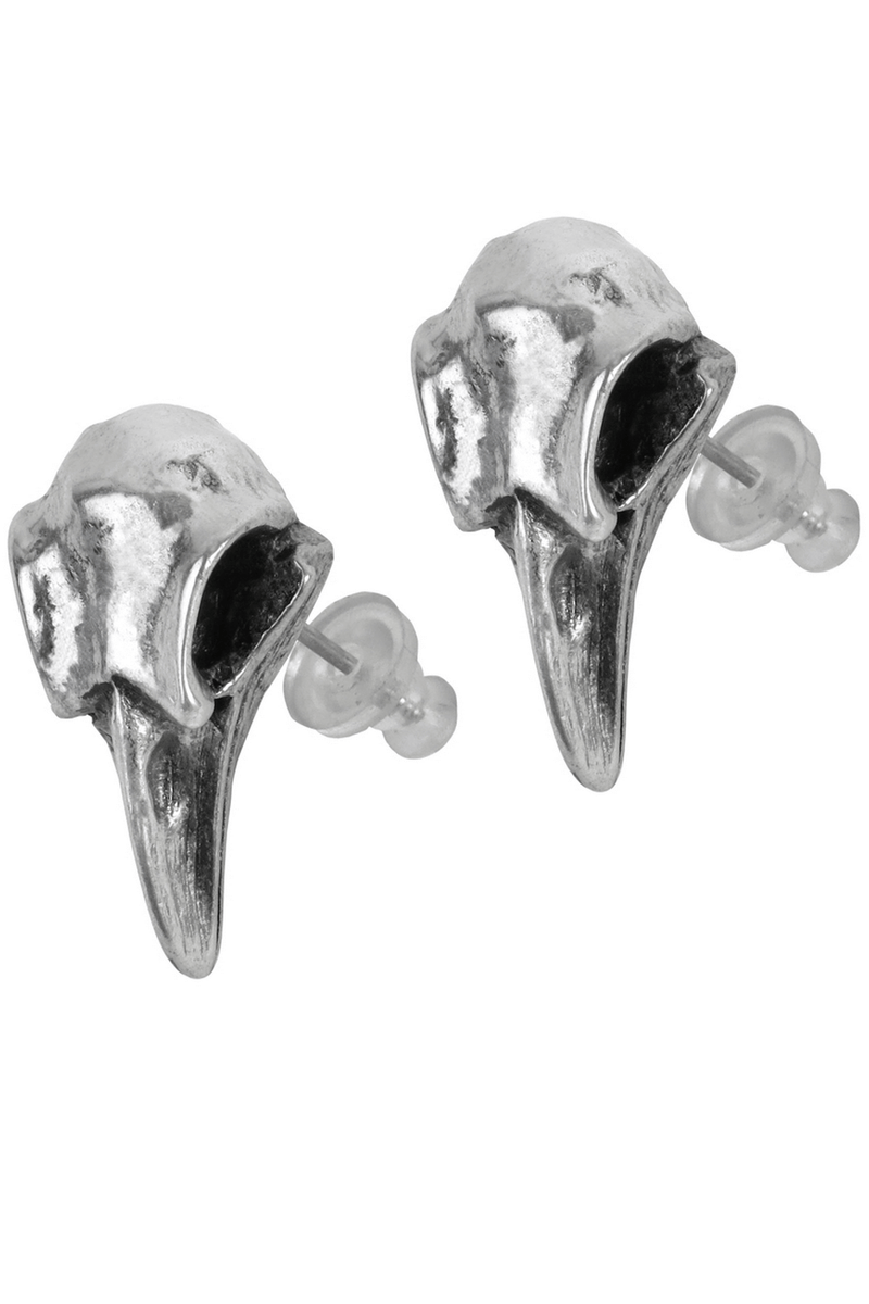 Miniature Pewter Raven Skull Earrings With Surgical Posts