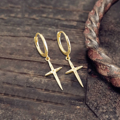 Minimalist Cross Charm Sterling Silver Hoop Earrings