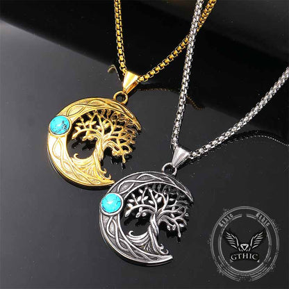 Moon Tree of Life Turquoise Stainless Steel Pendant