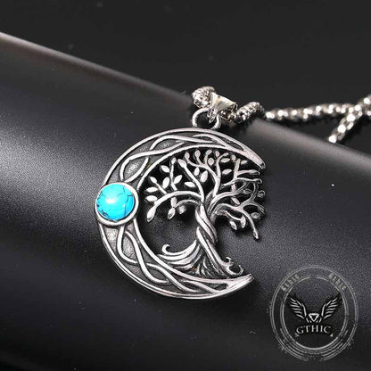 Moon Tree of Life Turquoise Stainless Steel Pendant