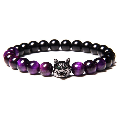 Natural Black Lava Stone Bracelet Wolf Charm / Elastic Jewelry With Animal Symbol