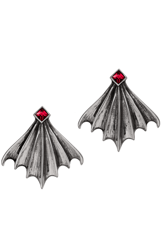 Nighttime Bat Wing Stud Earrings With Red Crystals