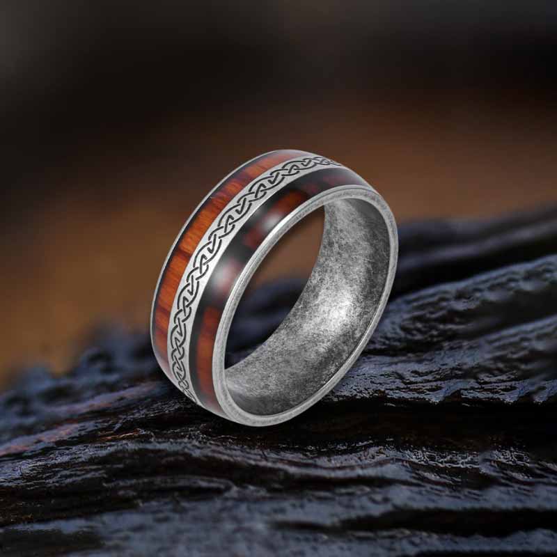 Nordic Celtic Knot Wood Grain Stainless Steel Ring