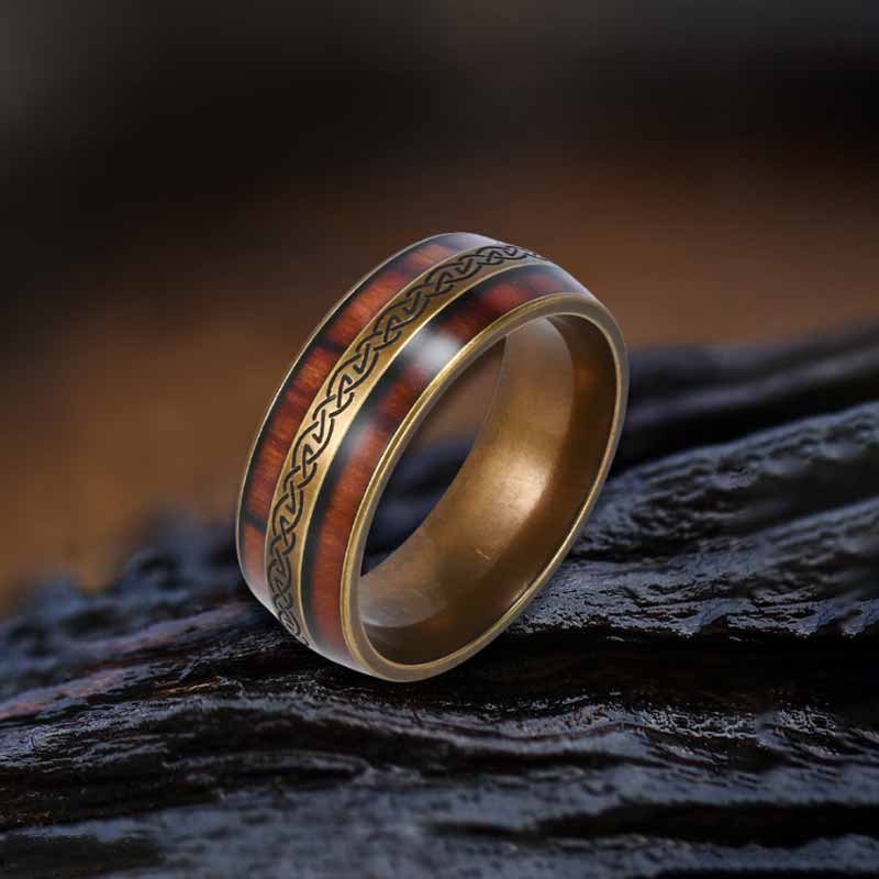 Nordic Celtic Knot Wood Grain Stainless Steel Ring