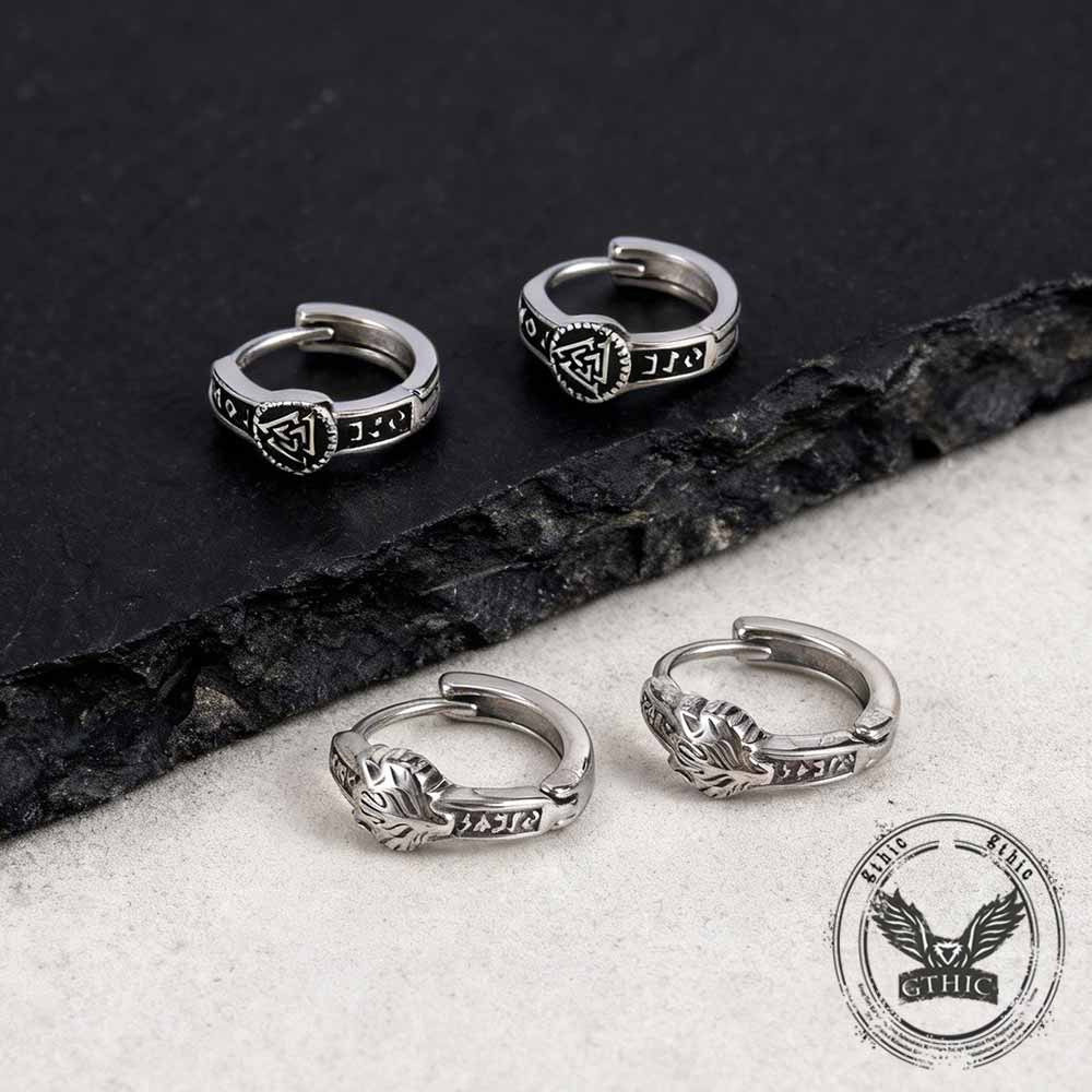 Nordic Valknut Wolf Head Stainless Steel Earrings