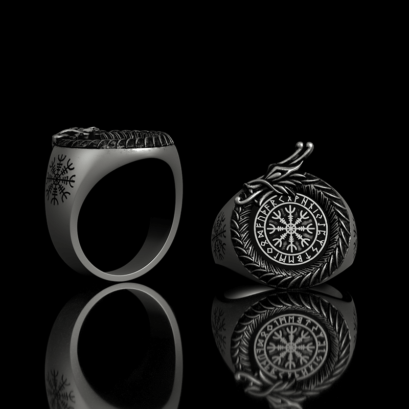 Norse Dragon Helm of Awe Sterling Silver Viking Ring