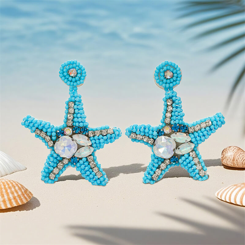 Ocean Style Braided Blue Starfish Rice Bead Earrings