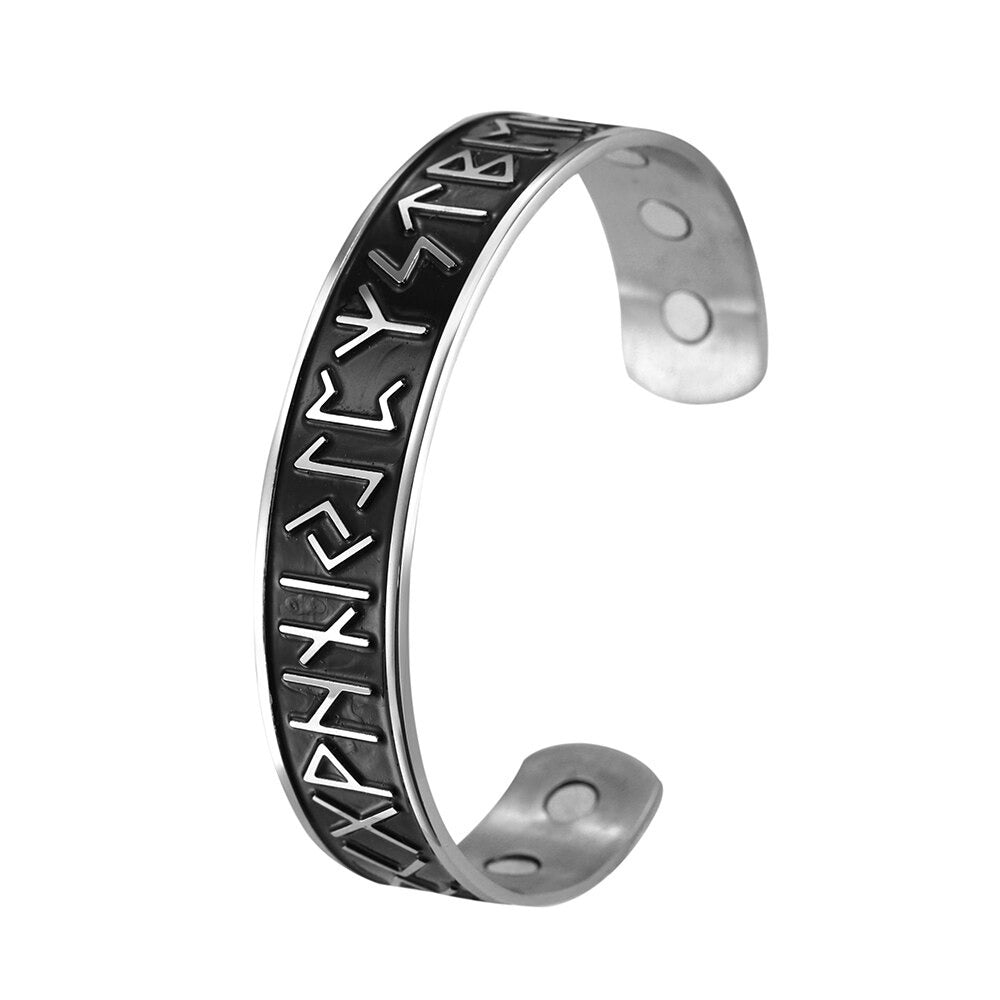 Open Cuff Magnetic Therapy Bracelet / Stainless Steel Bangle / Antique Nordic Rune Jewelry