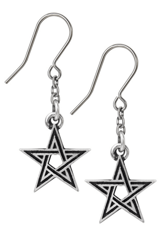 Pentagram Earrings With Black Enamel and Chain Design