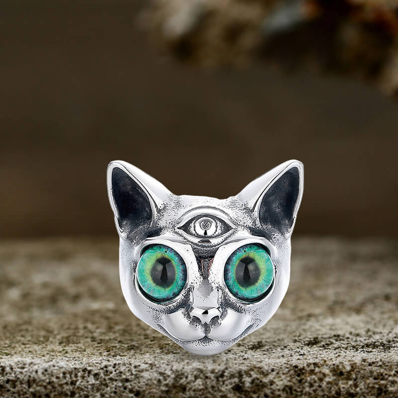 Personalized Gem Three-eyed Cat Stainless Steel Ring