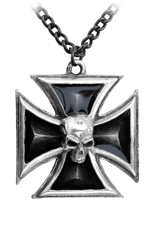 Pewter Iron Cross Pendant With Skull and Black Enamel