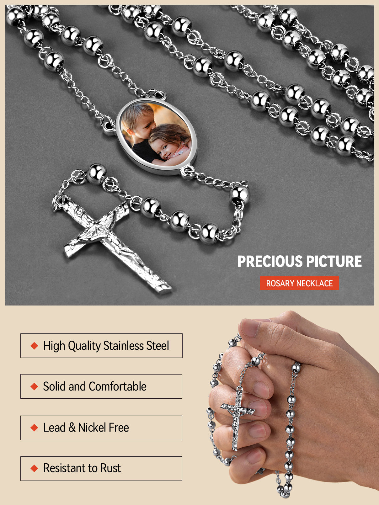 Customized Rosary Beads Cross Necklace With Picture for