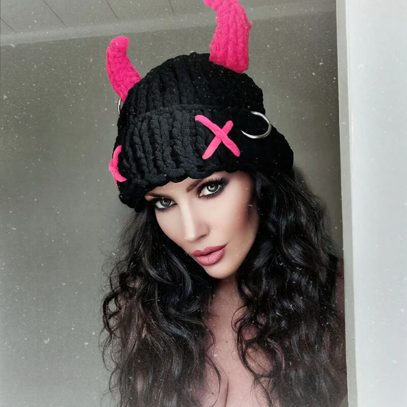 Pink Horn Demon Knitted Beanie Hat