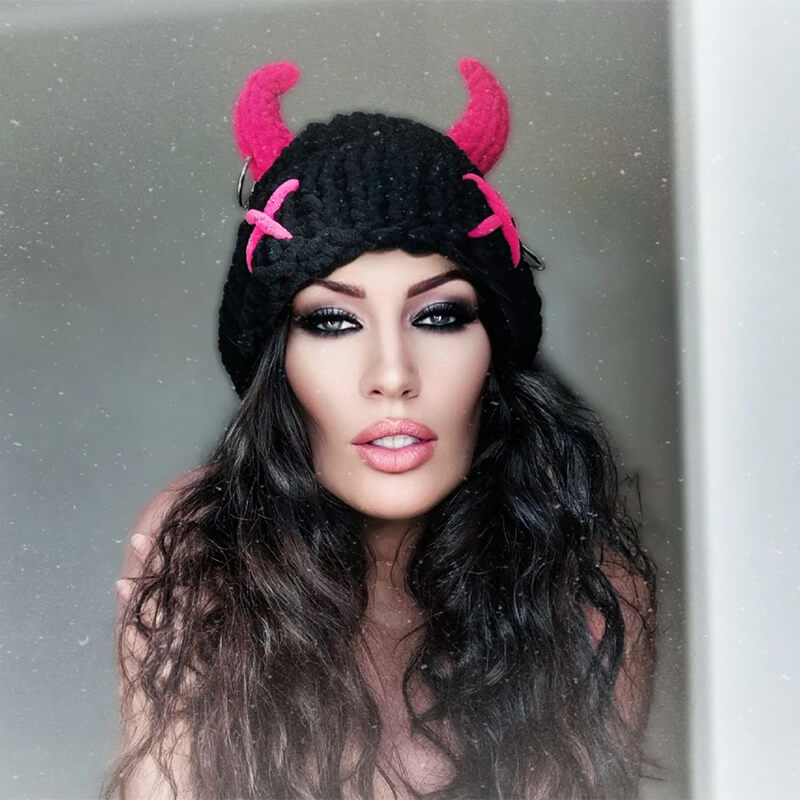 Pink Horn Demon Knitted Beanie Hat