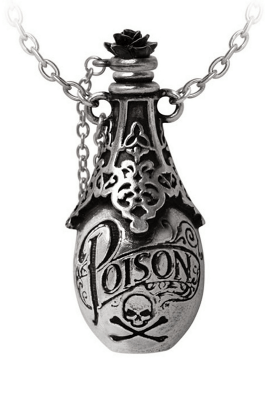 Poison Bottle Pendant With Skull and Black Rose Detail