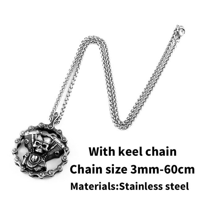 Steel Skull Motorcycles Engine Pendant Necklace/ Stainless Steel Rock Biker's Jewelry