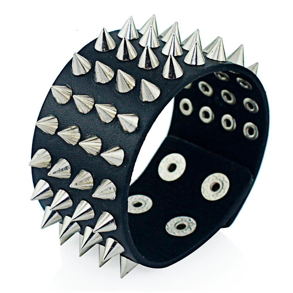 Pu Leather Gothic Bracelet / Black Bangle With Four Row Spikes