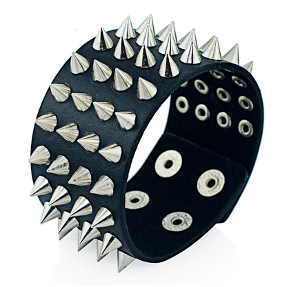 Pu Leather Gothic Bracelet / Black Bangle With Four Row Spikes