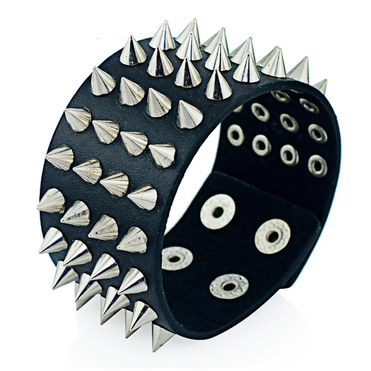 Pu Leather Gothic Bracelet / Black Bangle With Four Row Spikes