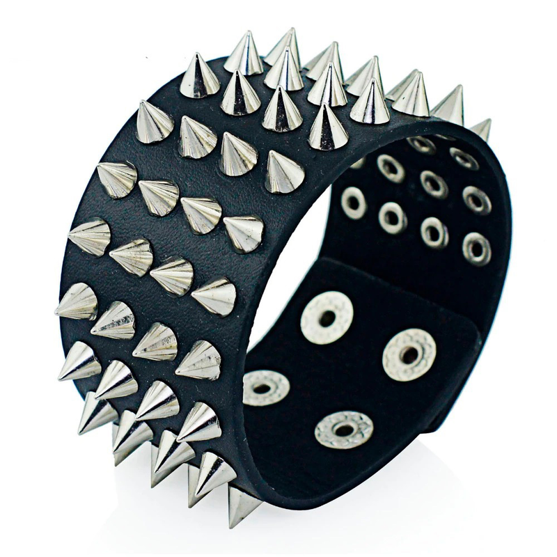 Pu Leather Gothic Bracelet / Black Bangle With Four Row Spikes
