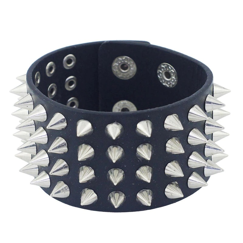 Pu Leather Gothic Bracelet / Black Bangle With Four Row Spikes