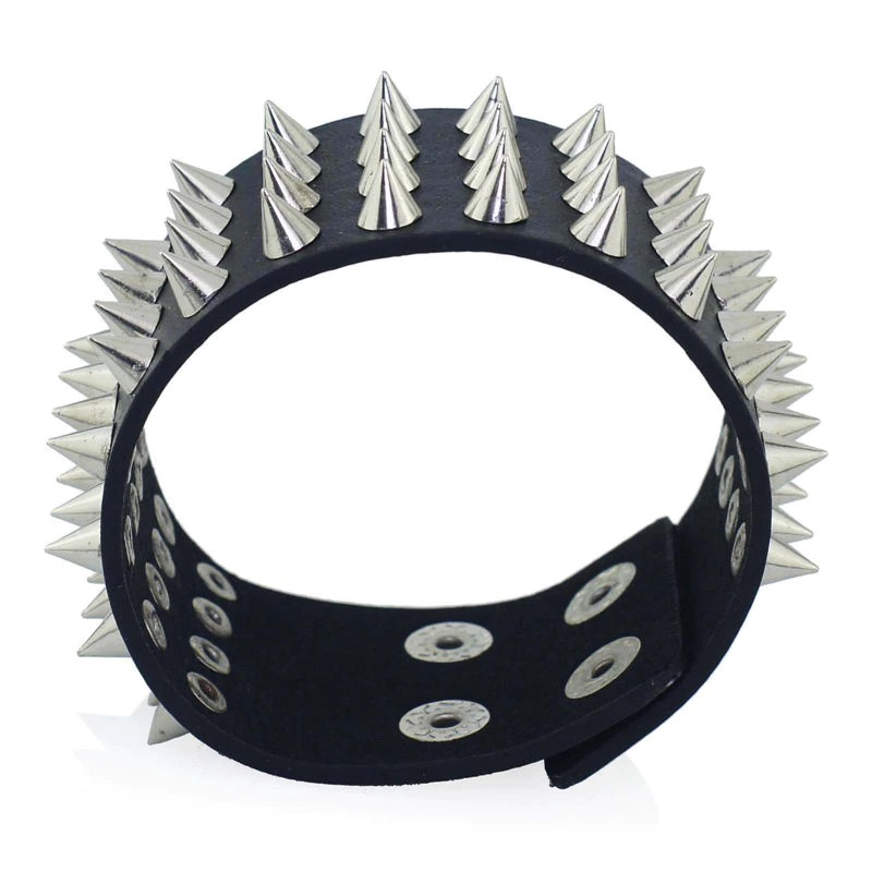 Pu Leather Gothic Bracelet / Black Bangle With Four Row Spikes