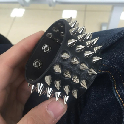 Pu Leather Gothic Bracelet / Black Bangle With Four Row Spikes