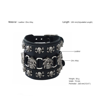Punk Skull Genuine Leather Wide Bracelet / Gothic Cool Bracelets / Rock Accessories
