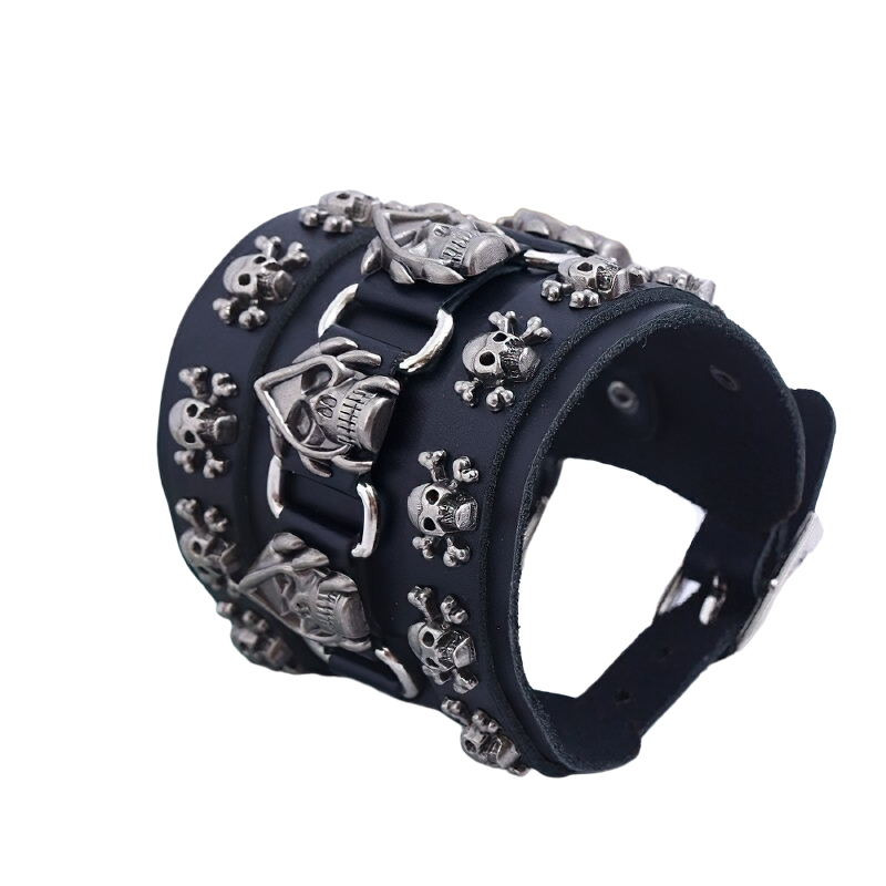 Punk Skull Genuine Leather Wide Bracelet / Gothic Cool Bracelets / Rock Accessories