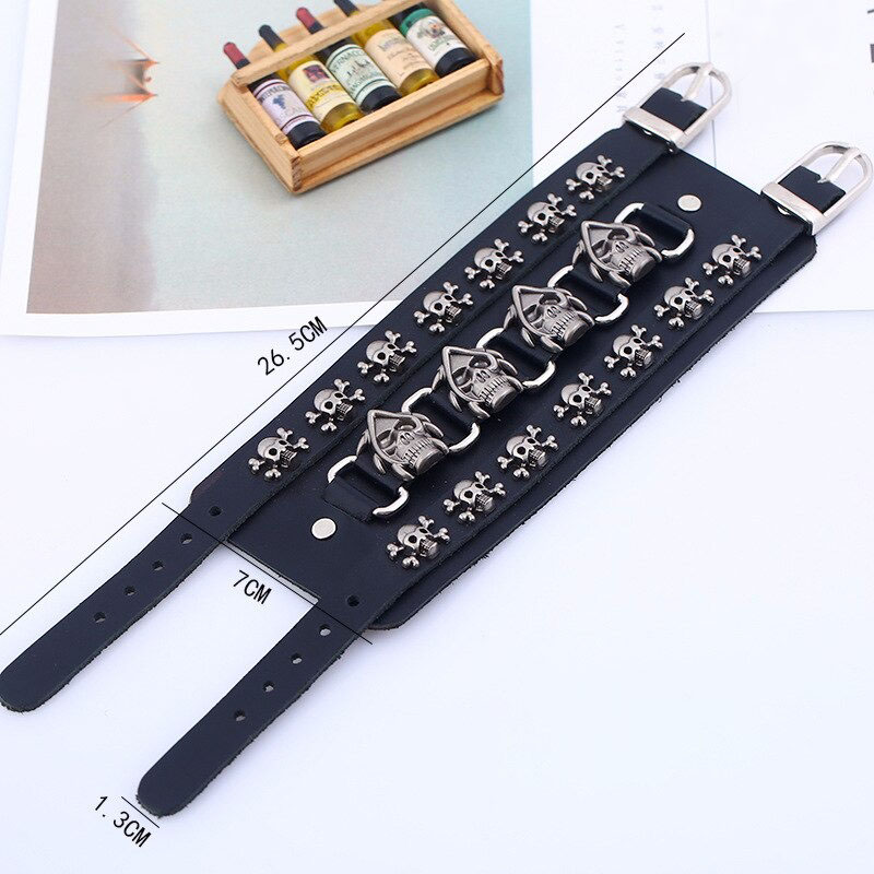 Punk Skull Genuine Leather Wide Bracelet / Gothic Cool Bracelets / Rock Accessories