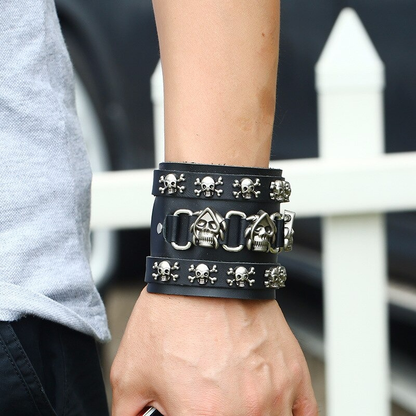 Punk Skull Genuine Leather Wide Bracelet / Gothic Cool Bracelets / Rock Accessories