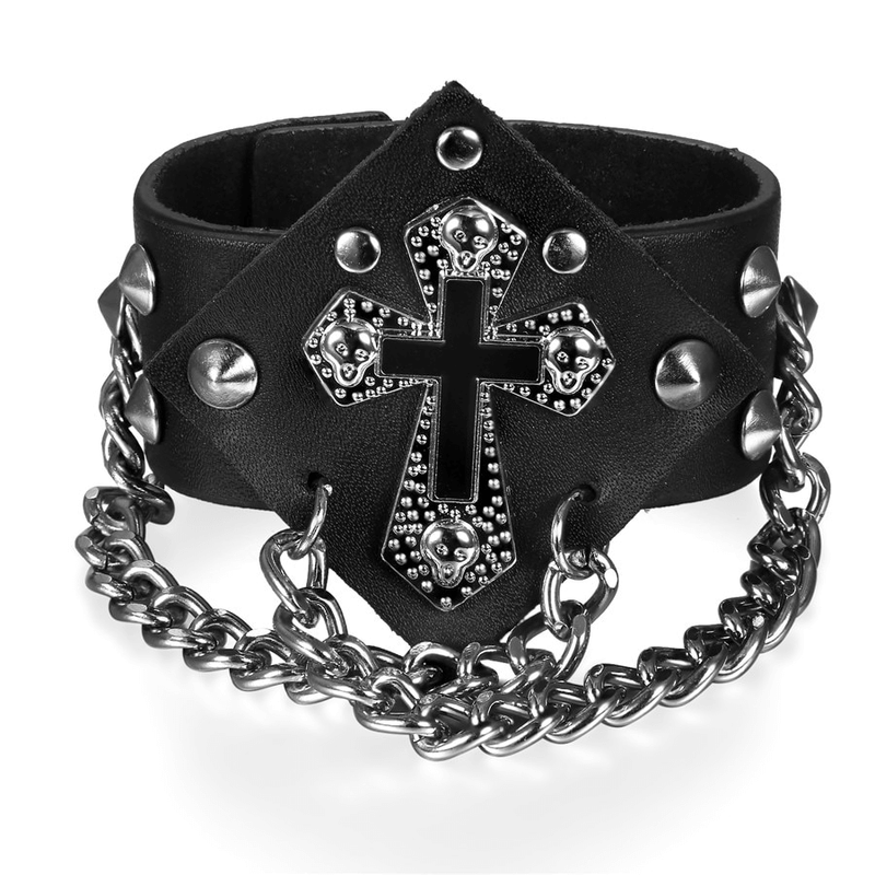 Punk Style Rivets and Spikes Bracelet With Cross / Gothic Bangles With Chain