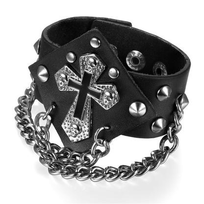 Punk Style Rivets and Spikes Bracelet With Cross / Gothic Bangles With Chain