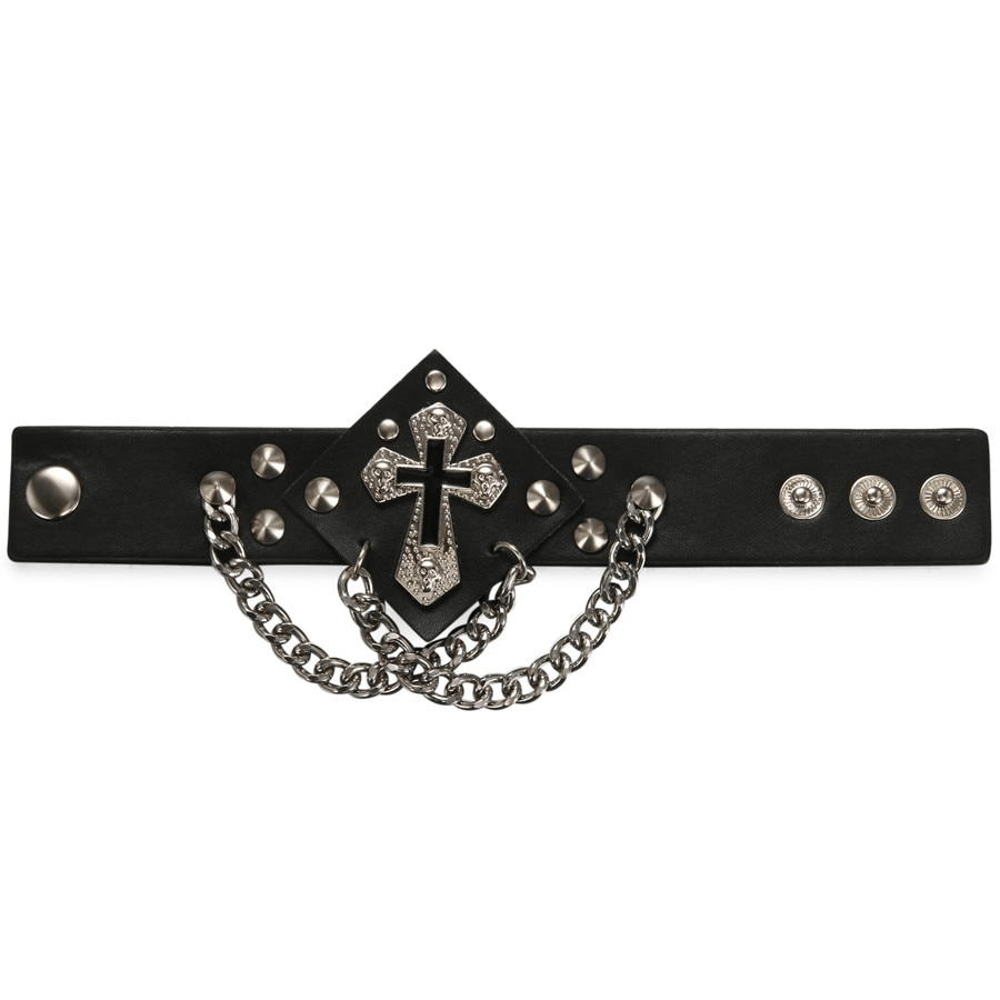 Punk Style Rivets and Spikes Bracelet With Cross / Gothic Bangles With Chain