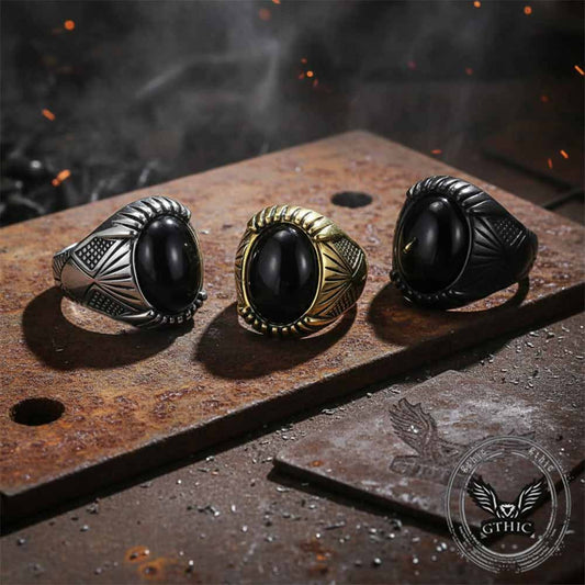Punk Black Gemstone Stainless Steel Biker Ring