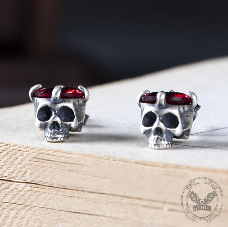 Punk Dark Skull Gemstone Sterling Silver Stud Earrings