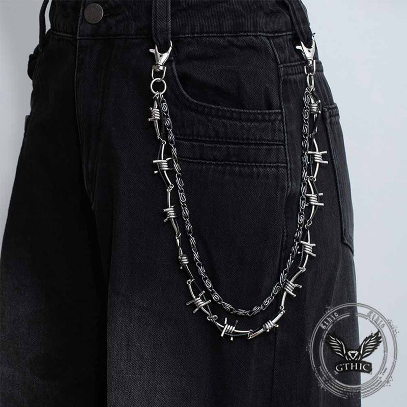 Punk Double Chain Leather Cord Thorn Alloy Pants Chain