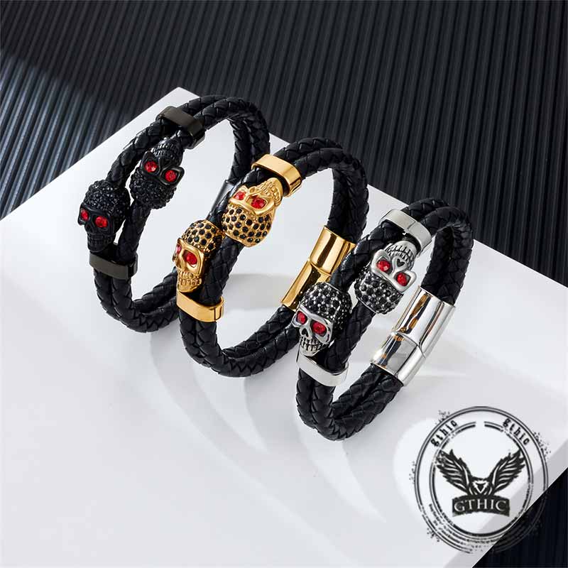 Punk Double Skull Stainless Steel Leather Bracelet