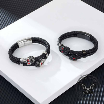 Punk Double Skull Stainless Steel Leather Bracelet