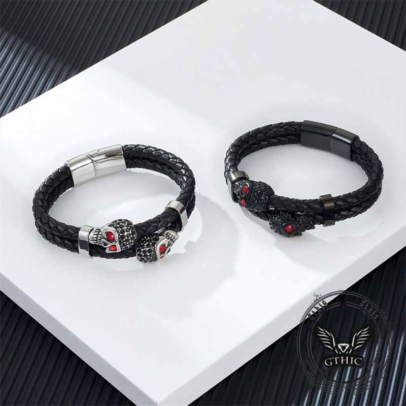 Punk Double Skull Stainless Steel Leather Bracelet