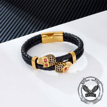 Punk Double Skull Stainless Steel Leather Bracelet